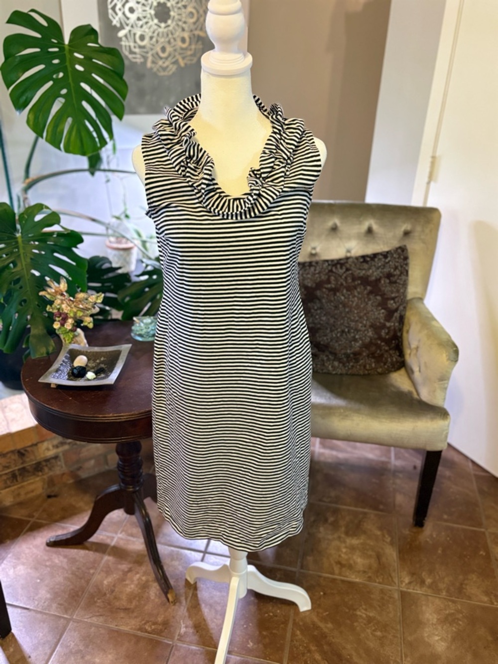 Talbots Black and White Striped Ruffle Neck Sleeveless Dress